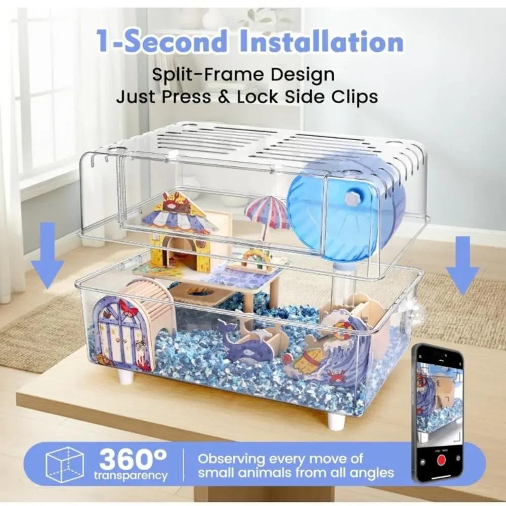 10-in-1 Acrylic Hamster Cage 2-Tier Habitat Kit Large 23” w/ Accessories